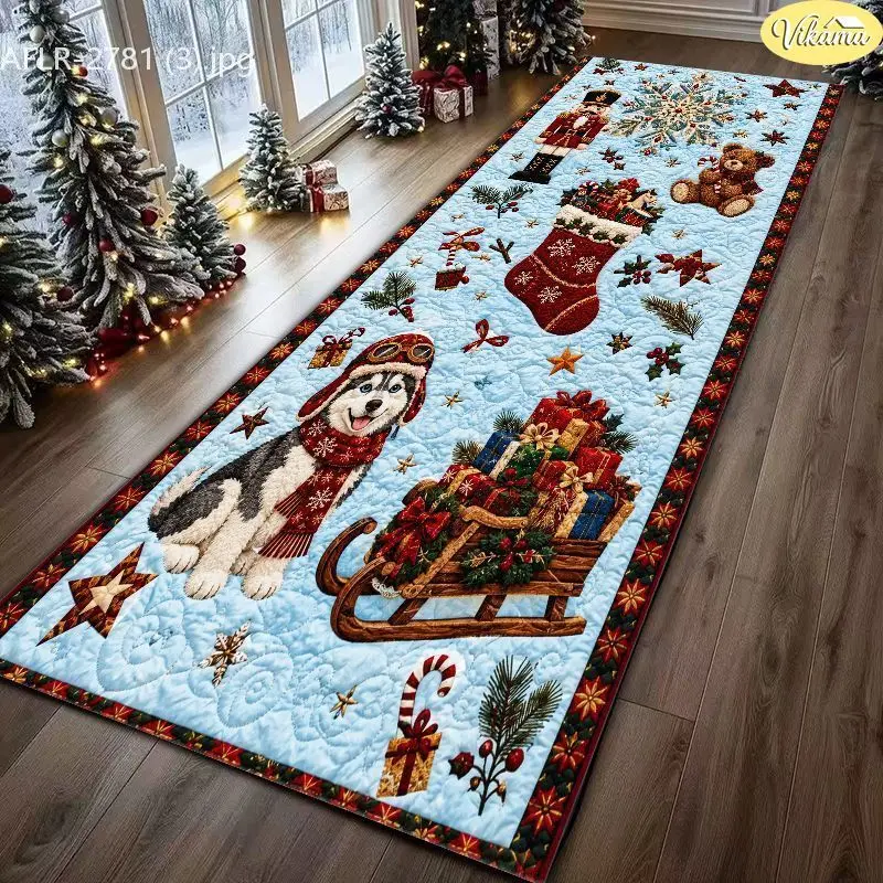 VIKAMA Reindeer Sleigh Cabin Bell Christmas Christmas Hallway Runner Kitchen Floor Mat Non Slip Washable Soft Long Carpet