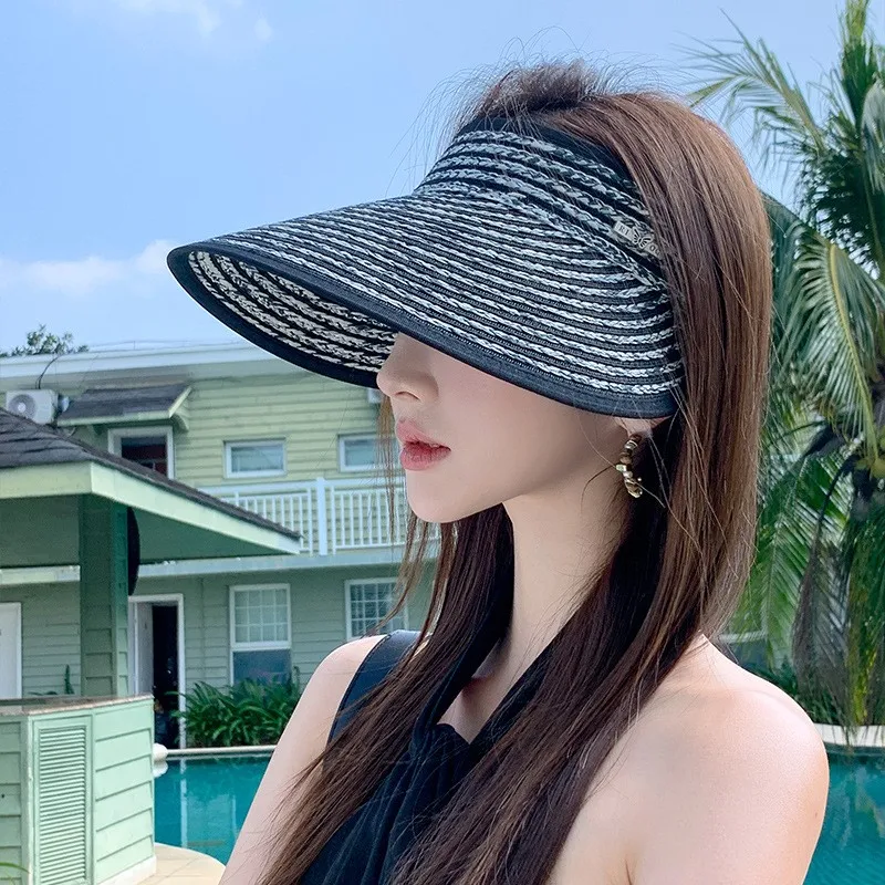 New straw-woven open-top hat women's wide-brimmed and UV-blocking outdoor face cover