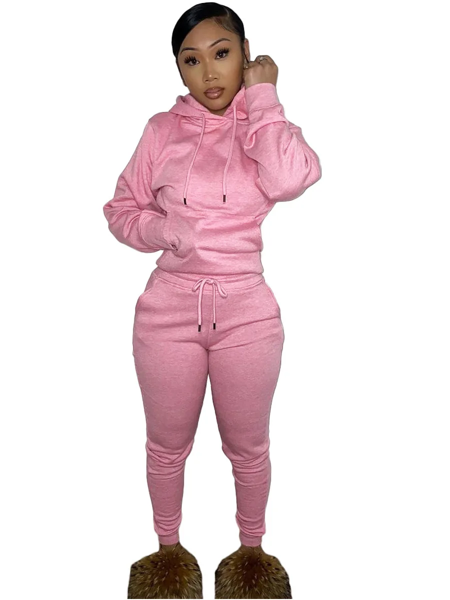 

Casual Sports Women's Suit Hooded Pure Color Leisure Sportswear Set for Ladies Autumn Season Breathable Polyester Fabric