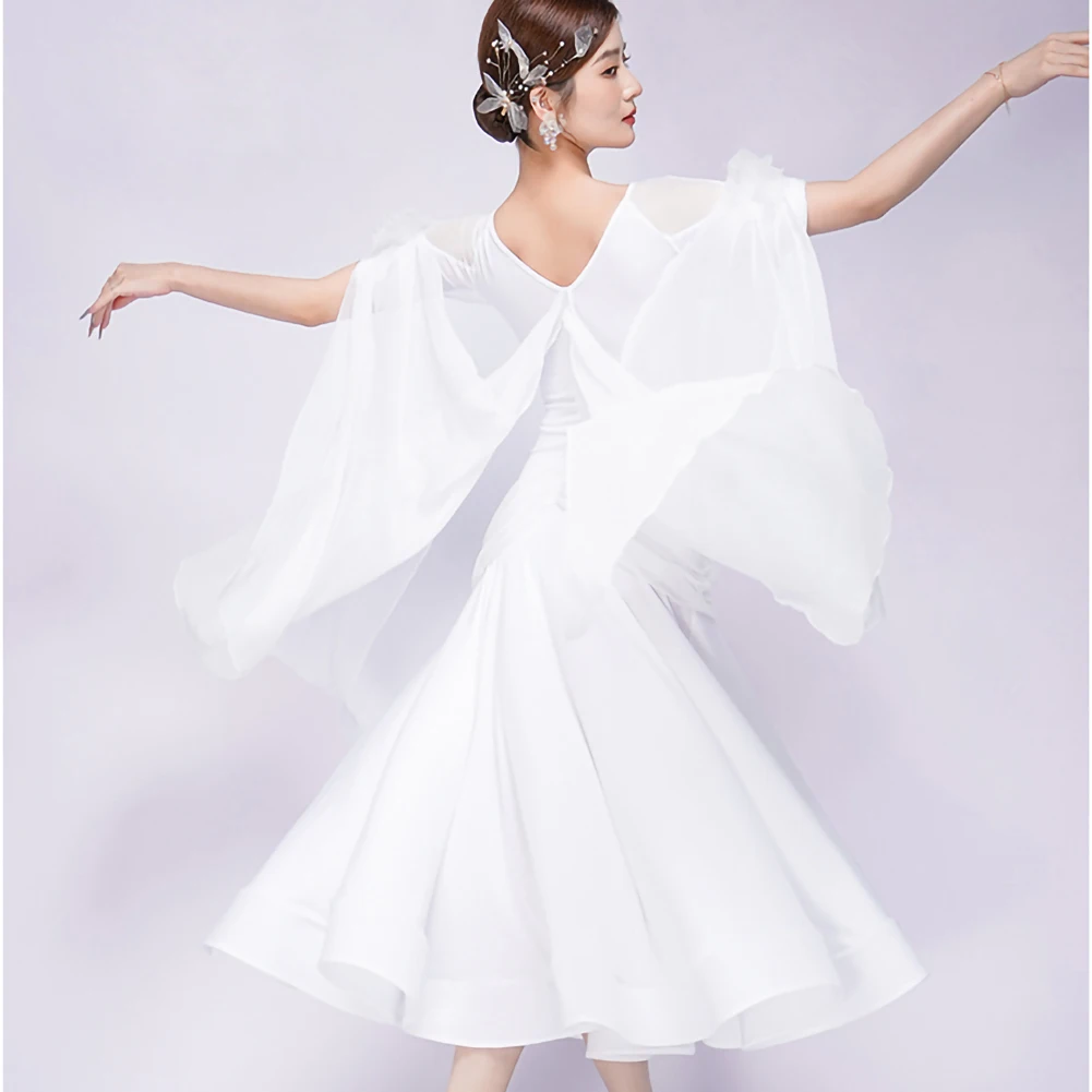 블랙 왈츠 드레스 새로운 스타일 볼룸 댄스 경연 대회 연습복 반팔 흰색 스트랩 연습 성능 슈트