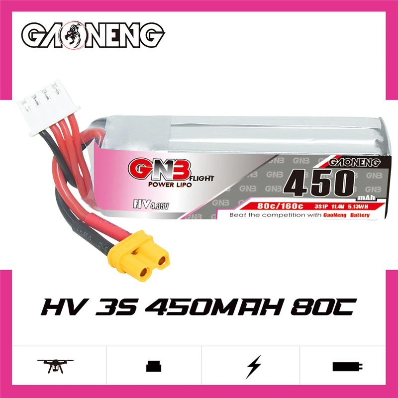 Imagem -02 - Gaoneng-bateria Lipo para rc Fpv Racing Drone Parte Quadcopter Plugue Xt30 Gnb 3s 11.4v 450mah 80c 160c