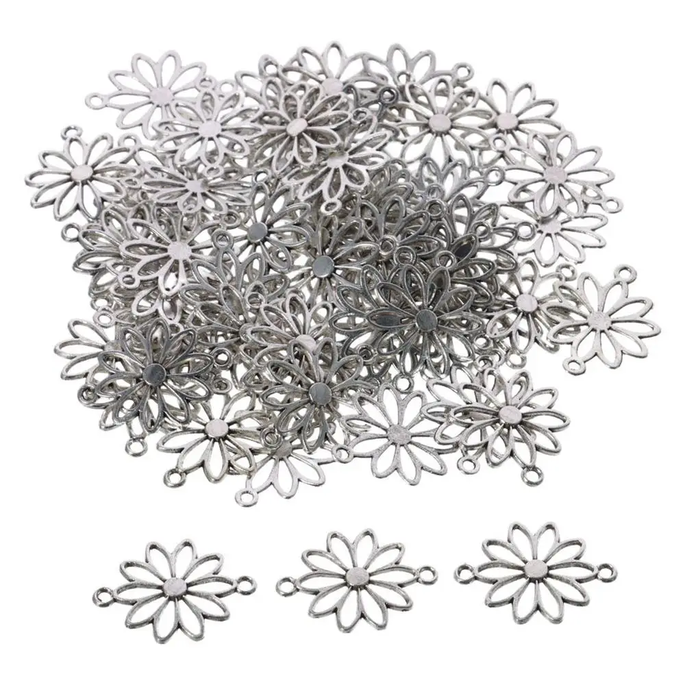 60pcs Daisy Flower Flower Connector Charms Hollow Antique Silver Double Loop Pendants Zinc Alloy 25*19*1.5mm