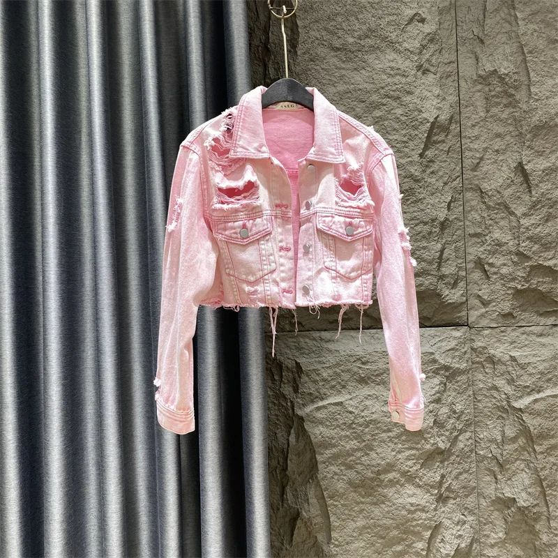 

Spring Short Coat New Ripped Loose Burrs Holes High Waist Pink Denim Jacket Young Lady Streetwear Casual All-Match Coats