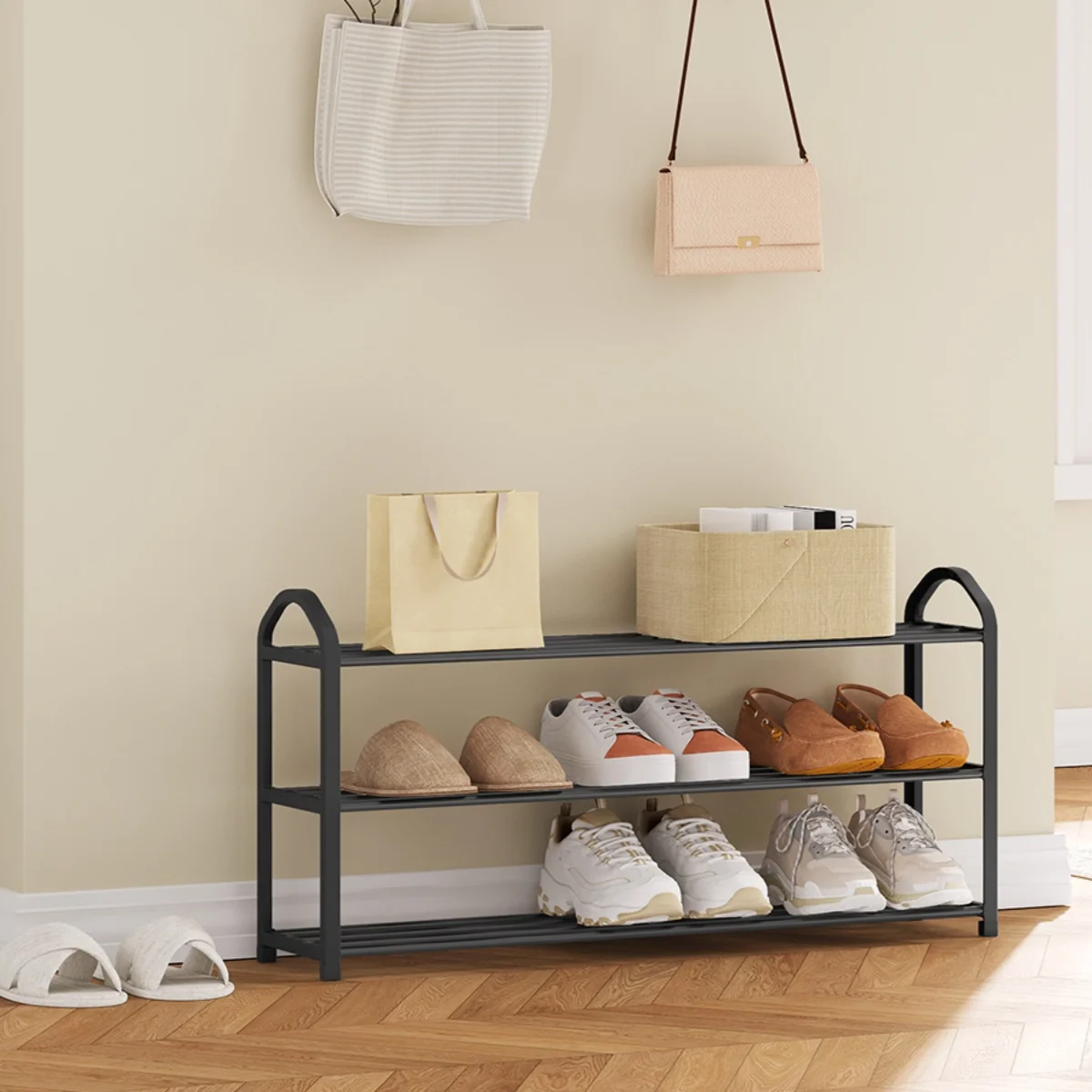 WOLTU Schuhregal, 3-lagiger Schuh-Organizer aus Metall, Schuhständer für 12 Paar Schuhe, 79 x 19,5 x 42,5 cm, für Flur, Wohnzimmer
