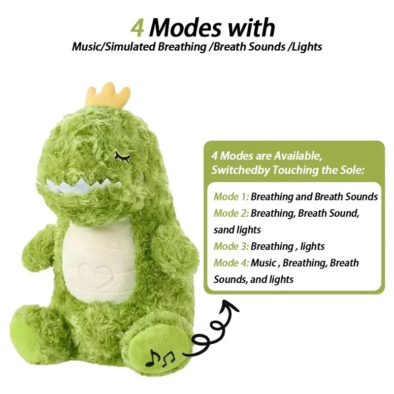 4 Modes Original Schlummer Sleeping Time Baby Breathing Anxiety Green Dinosaur Sensory Toys with Hug Stuffed Plush Home Decor