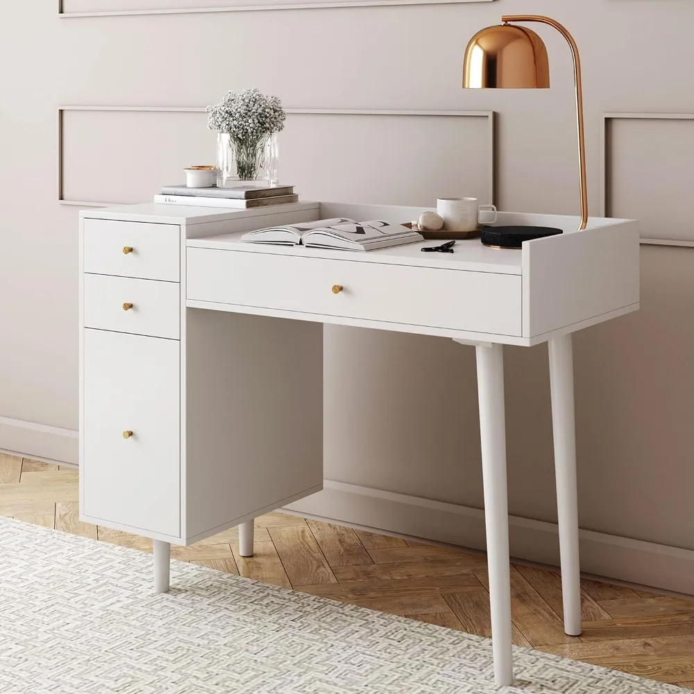 Vanity Dressing Table or Makeup Desk with 4-Drawers and Brass Accent Knobs, White Wood