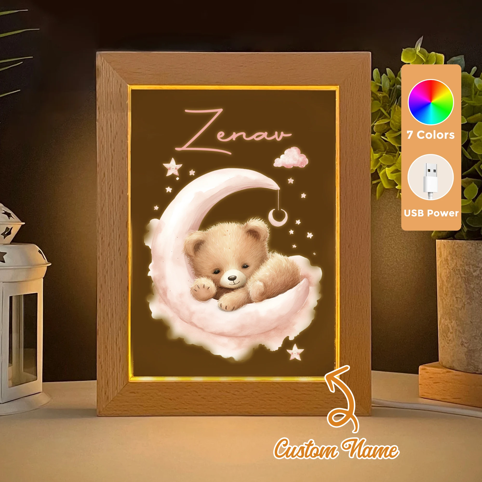

2D Flat Custom Name Bear Moon LED Acrylic Night Light Wood Photo Frame 21x17cm Cartoon Children Bedroom Gifts Home Decor