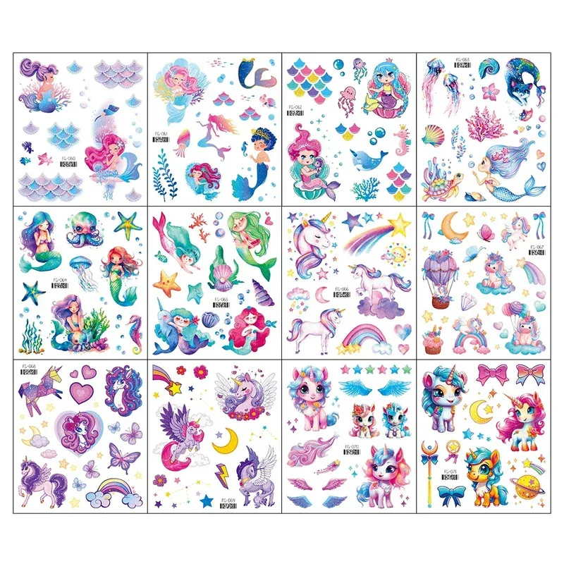 

2 pcs Glitter Mermaid Unicorn Temporary Tattoo Disposable Body Stickers for Kids Festival Accessories Make Up tatto Waterproof