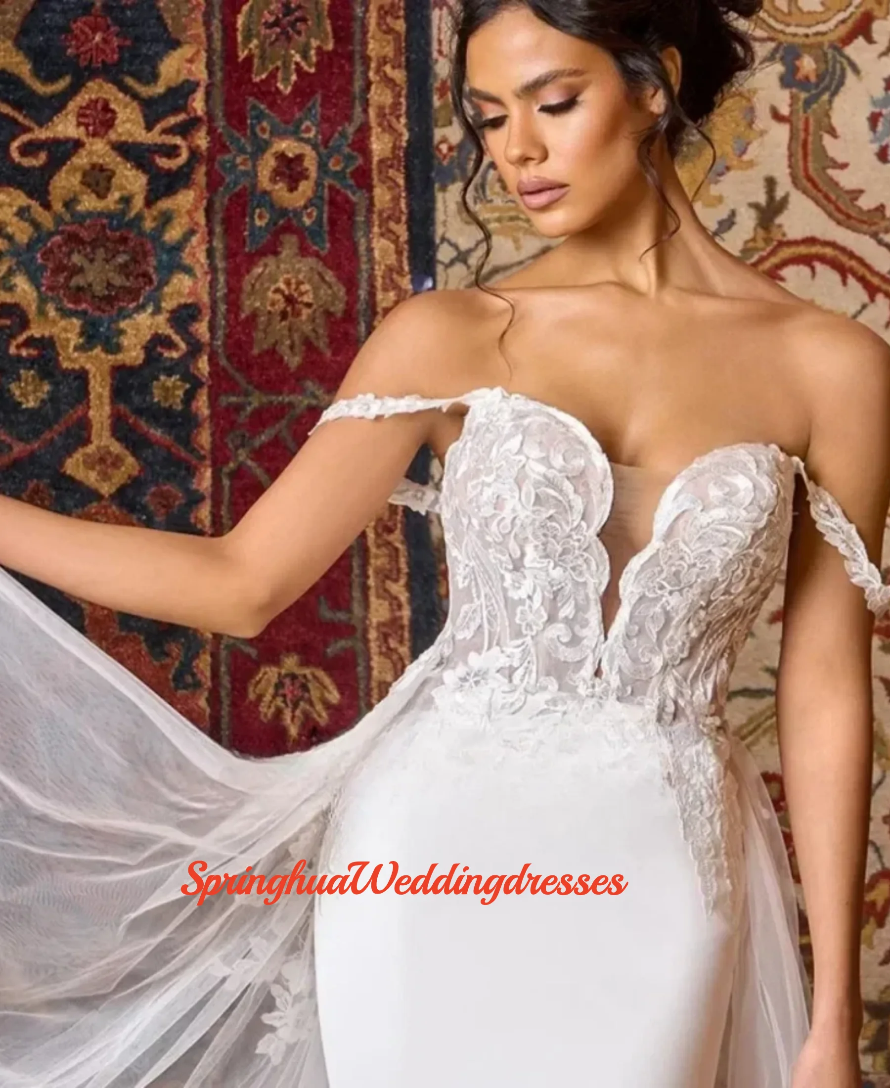 

Customized Simple Satin Mermaid WeddingDress Off Shoulder Decal Sleeveless Bridal Dress Off Back Removable Robe Vestido de novi