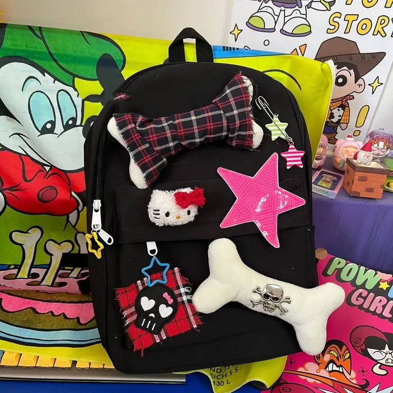 Sanrio-mochila gótica de Hello Kitty para mujer, bolso escolar de gran capacidad con Calavera, estilo de Halloween, Y2k, moda de verano