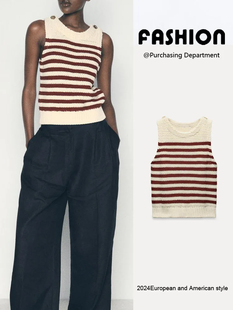 

Summer New Women's Slim Fit round Ne Svel Knitted Vest Top Striped Pattern ort Length Faion Ladies' Wear