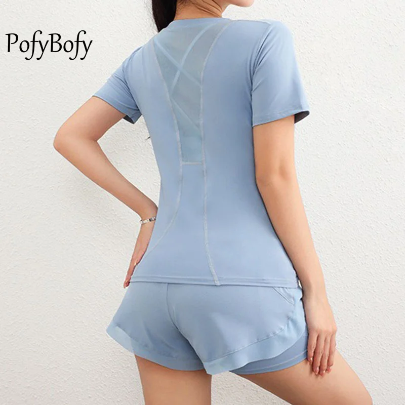 PofyBofy Slim Fit Mesh Splicing Elastic Quick Dry Breathable Fitness Workout Yoga Sets Women Short Sleeve Shirt Short Tracksuit