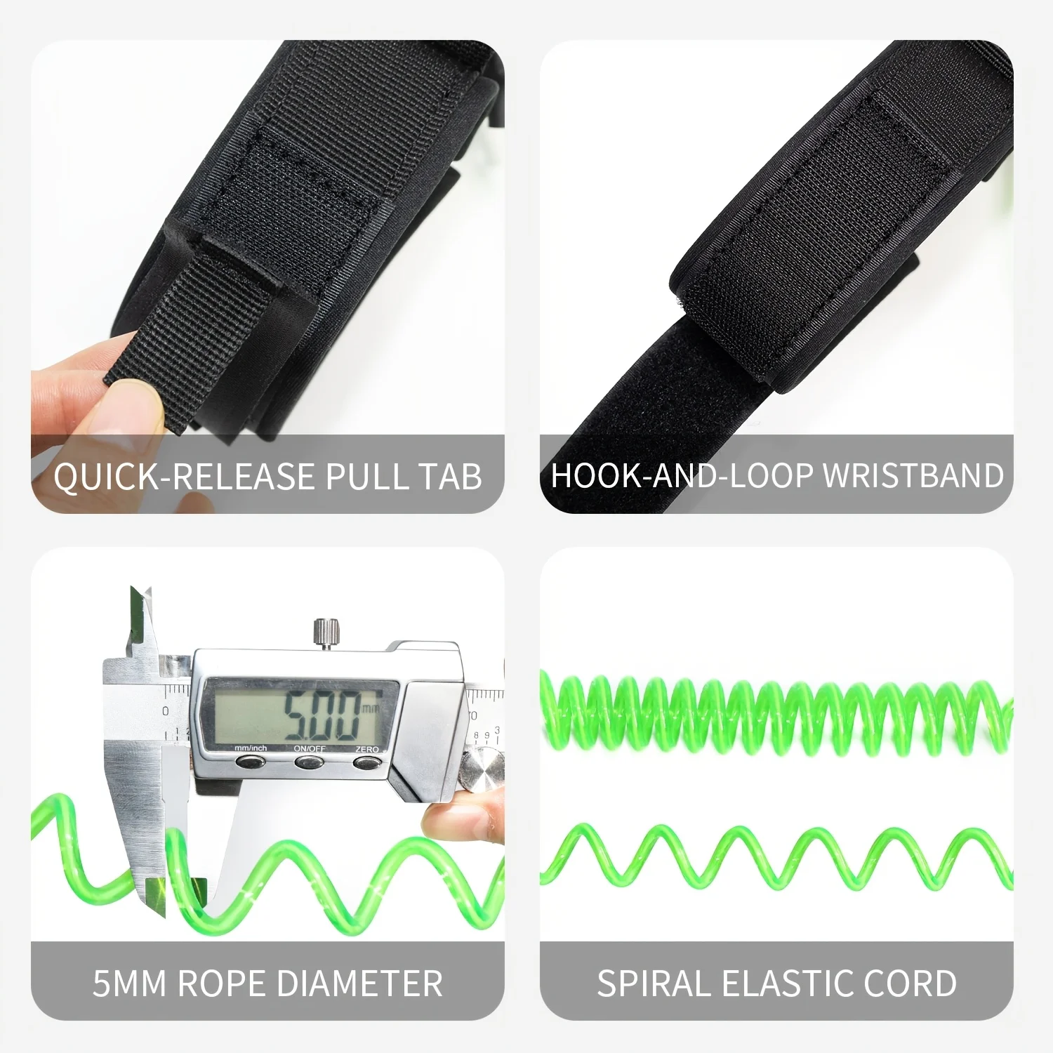 KOETSU Bodyboard-Leash, 5 mm TPU-Spiral-Surfleash mit Klettverschluss am Handgelenk und Schnellverschluss-Zuglasche – Detail 4