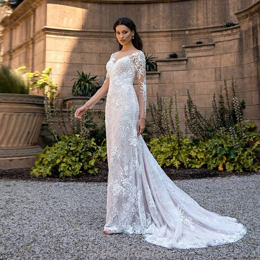 Vestido De Novia De sirena con cuello redondo, manga larga, apliques De encaje, ilusión trasera, tren De corte