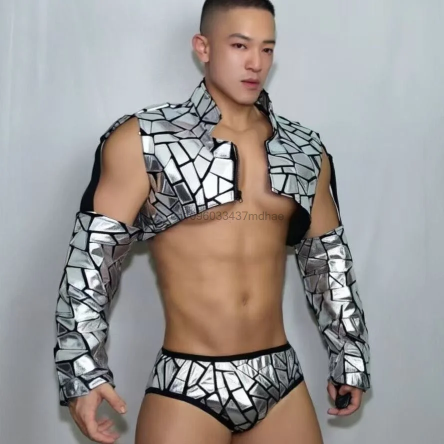 Men Iridescent Mirror Fragment Costume Coat Arm Sleeves Briefs Nightclub Dancer Stage Outfit For Rave Party Festival Performance