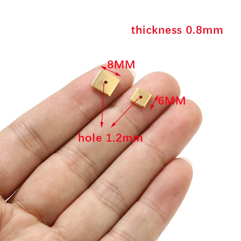 50 pçs de aço inoxidável quadrado plana espaçador contas ouro 6mm 8mm contas soltas para fazer jóias diy suprimentos buraco 1.2mm