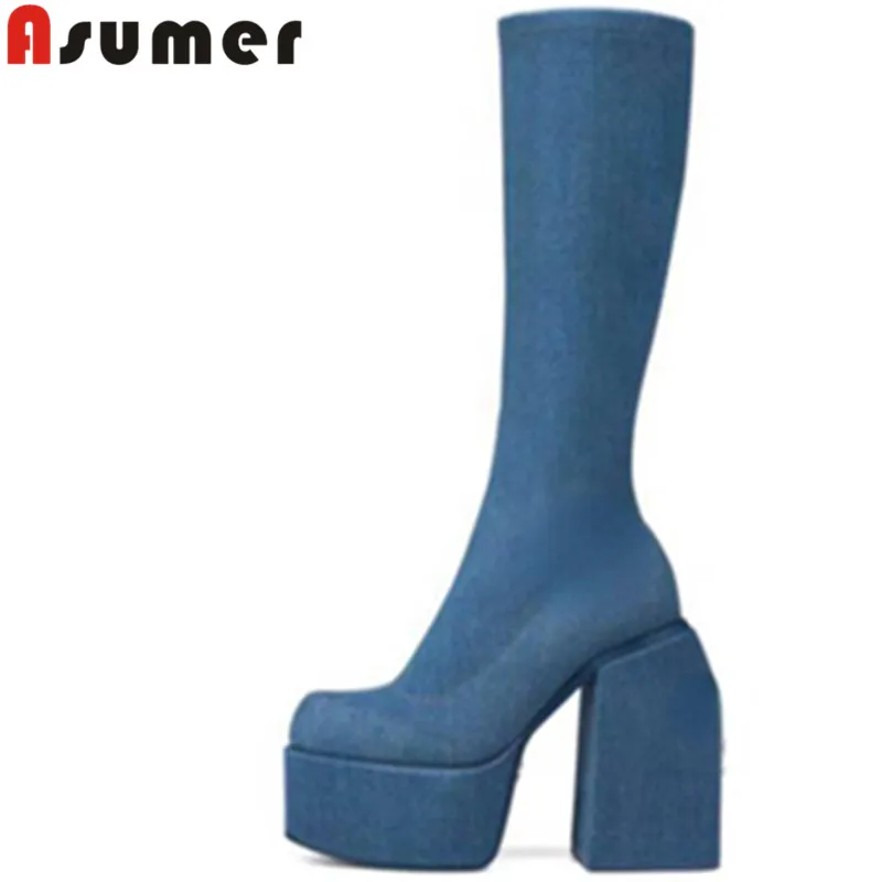 ASUMER 2022 Size 35-43 New Arrive Stretch Fabric Knee High Boots Thick High Heels Winter Boots Woman Ladies Platform Shoes