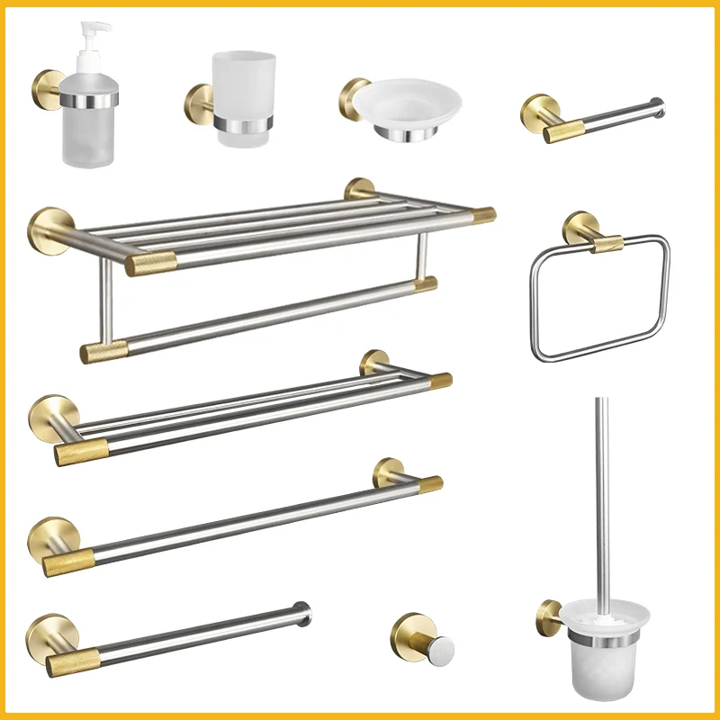 

Brushed Gold And Brushed Stainless Steel Wall-Mounted Towel Rack Paper Holder Cup Holder Toilet Brush Bathroom Accessories