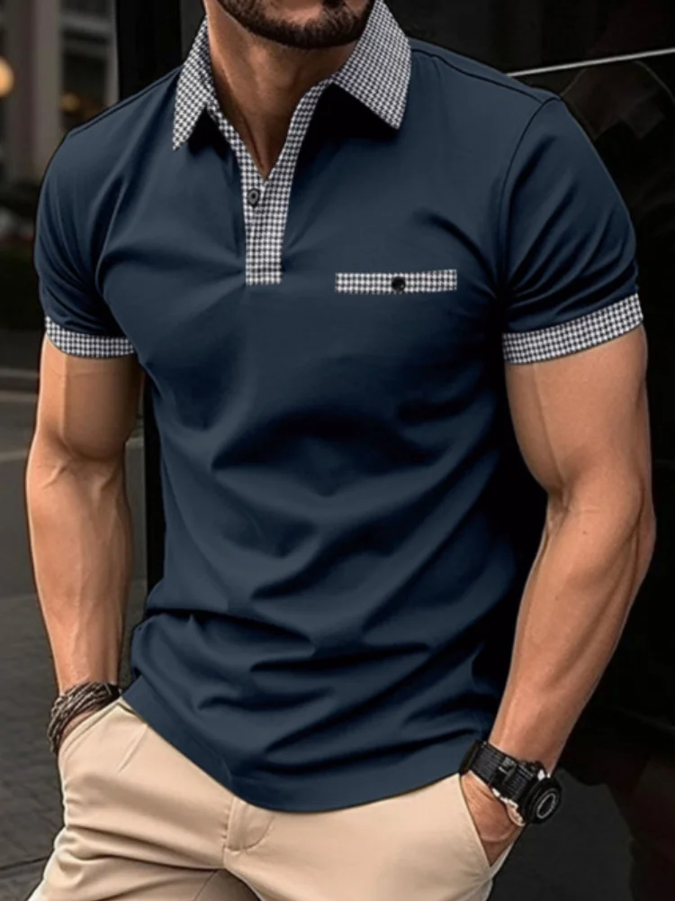 2024 Summer New Men\'s Short-Sleeved Checkered Lapel T-Shirt Cool Breathable POLO Shirt Business Shirt