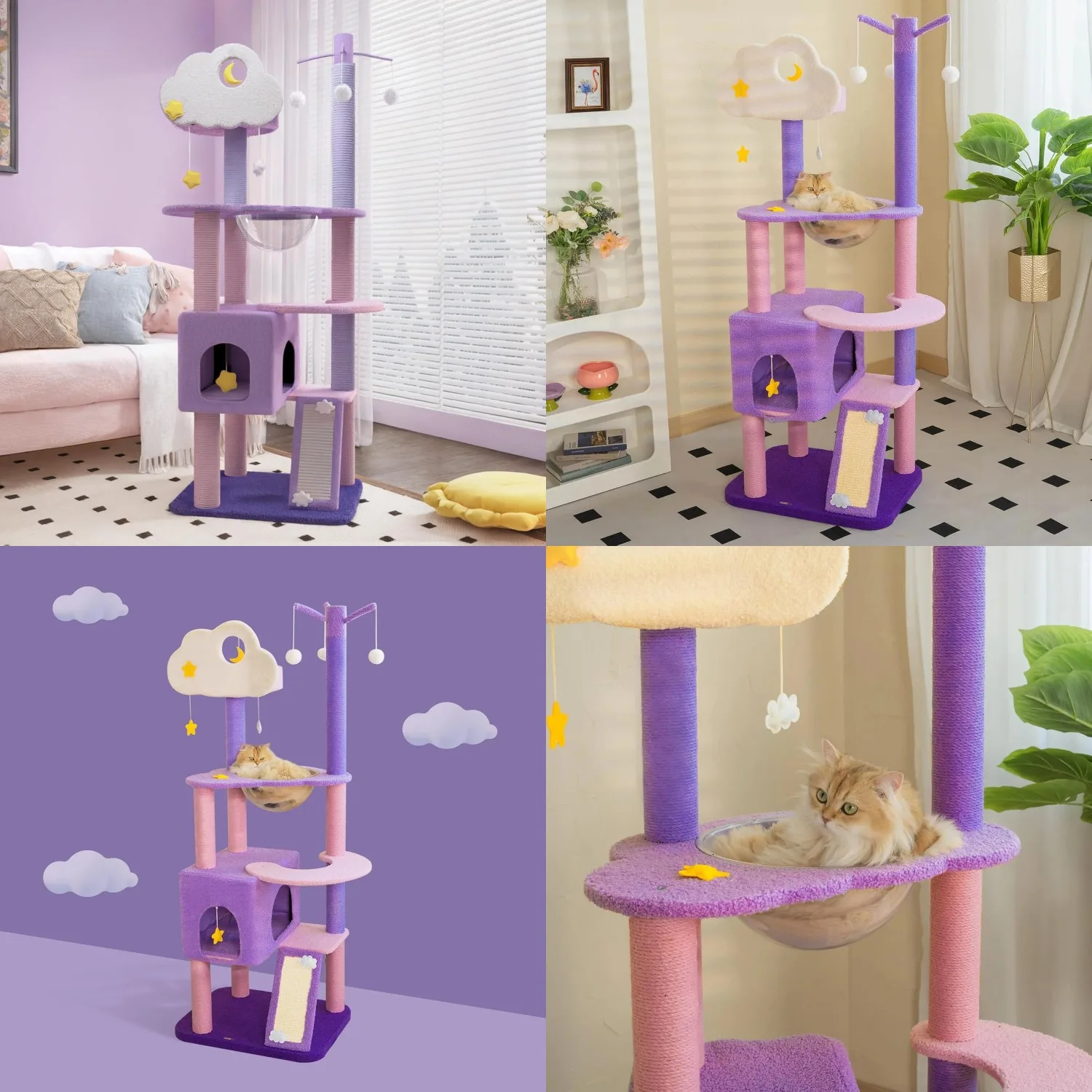 Happy and Polly 52.8 inch Moonlight Cat Tree with Celestial Moon and Star Pendants, Purple Plush Cat Tower with, Customized