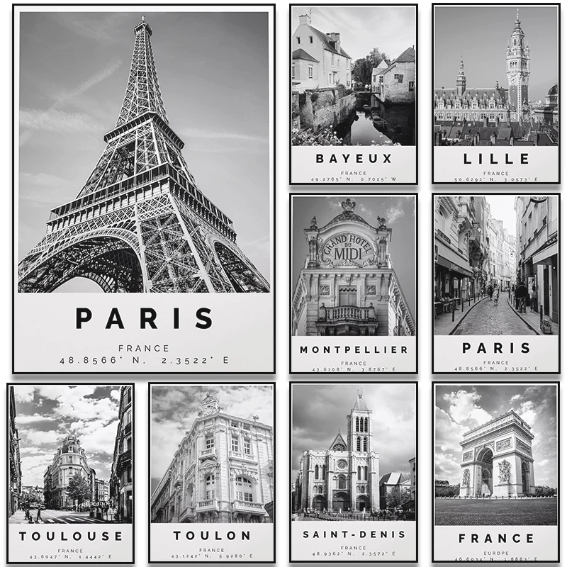 Black and White City France Provence Paris Chartres Poster Canvas Painting Wall Art Pictures for Living Bedroom Home Decor Gift