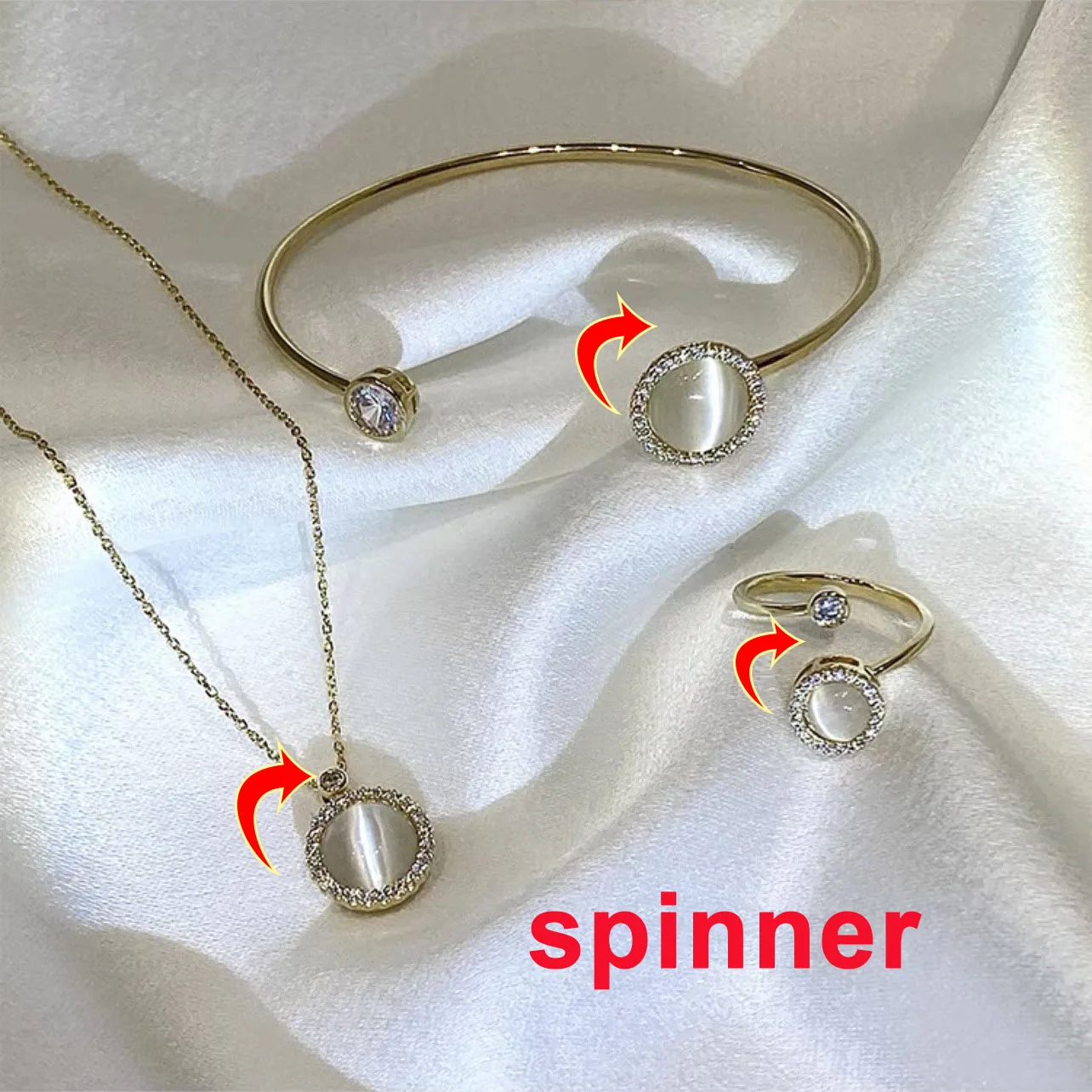 Spinning Opal Anti Stress Anxiety Rings For Women Rotatable Opal Fidget Spinner Necklace Bracelets Open Cuff Jewelry Gifts