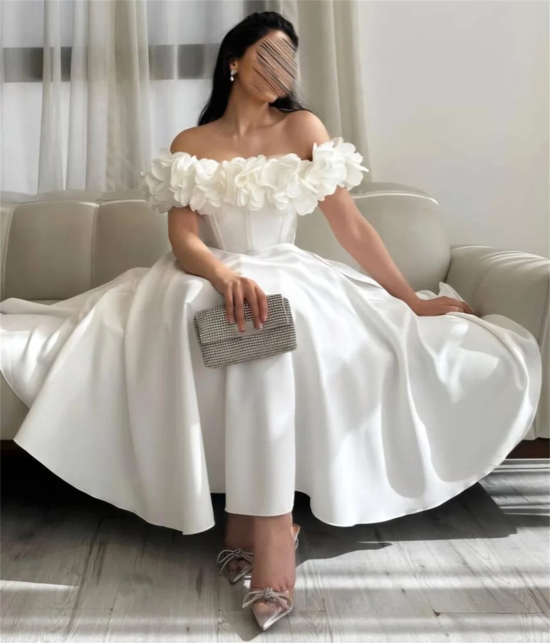 Lindo vestido de baile com flores 3D, vestidos de noite com ombro de fora, linha A, maxi vestido de baile, elegante, formal, festa, Dubai