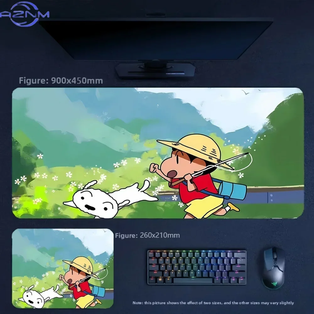 Cute Anime Crayon Shin‑chan Hugging Shiro Large Mousepad, Rubber Non‑Slip Extended Gaming Desk Mat, Waterproof Anti‑Fray Mouse P