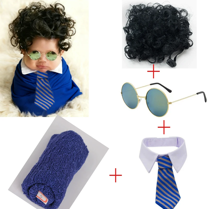 新生児写真撮影用小道具4点セット-愛らしいアーフォパフハット、おくるみ、フリル襟、男の子の赤ちゃんの写真撮影用メガネ