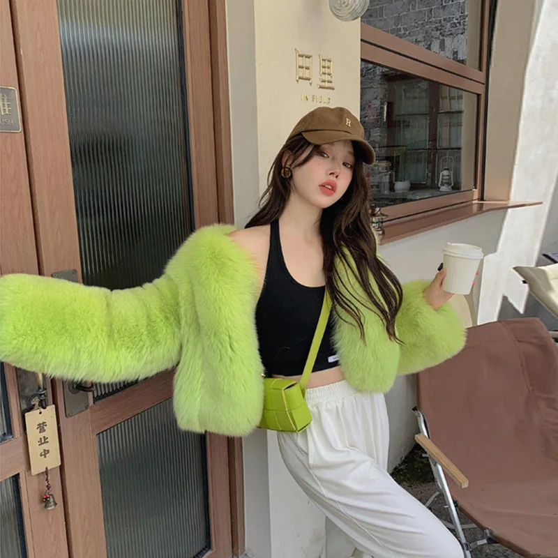 

KIDCRKJ Winter Women Mink Fur Outwear Multicolor Round Neck Cropped Lady Artificial Fur Coat Minimalist Female Faux Fur Jacket