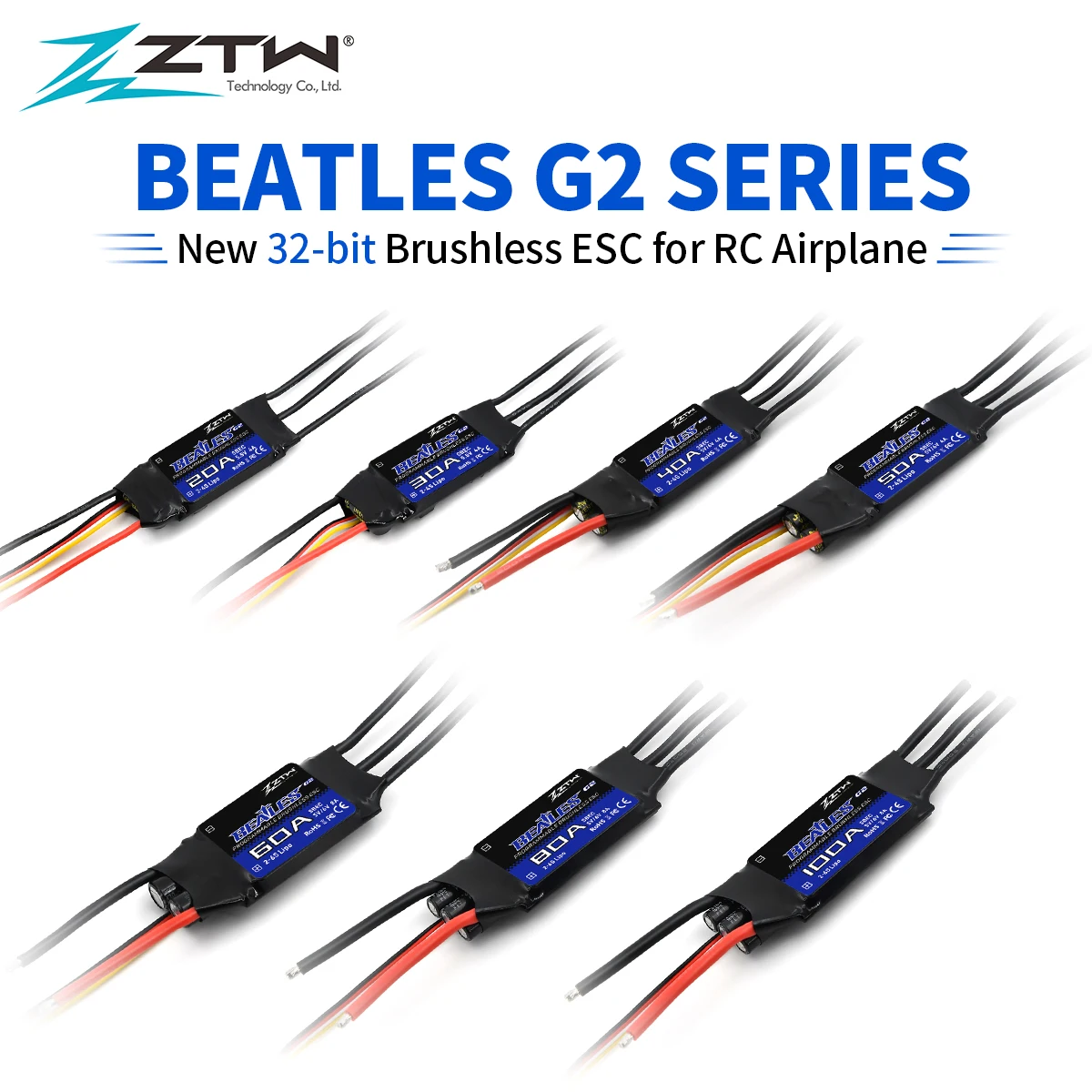 

ZTW 32-Bit Brushless ESC Beatles G2 20A/30A/40A/50A/60A/80A/100A 2-6S SBEC 5V/6V 8A Speed Controller For RC Airplane Fixed-wing