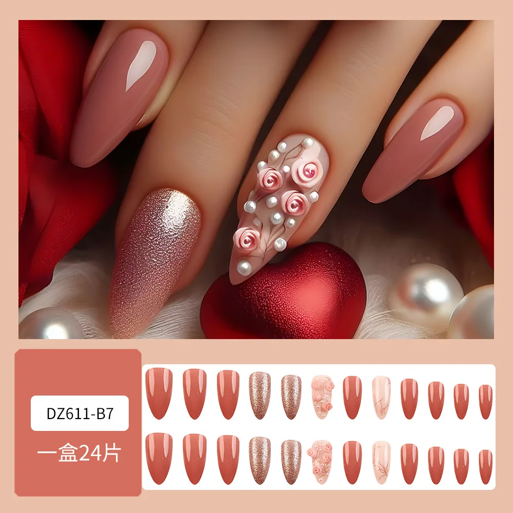 Valentine Day Press on Nails with Pearls 3d Almond Press on Nails Rose Flower Design Fake Nails Almond False Nails with Diamond