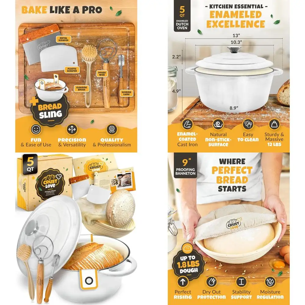 

Enameled Cast Iron Dutch Oven for Bread, 5QT, with Lidded Baking Pan, Lame, and Banneton for Sourdough Proofing