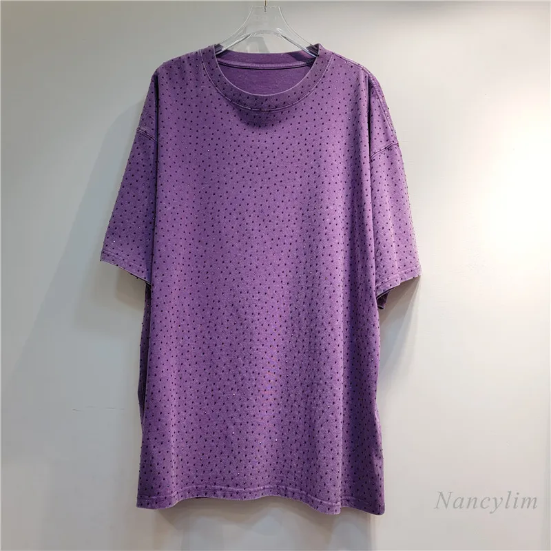 American Retro Washed and Worn Mid-Length Heavy Industry Full Diamond Niche Short-Sleeved T-Shirt for Women Summer Loose Top