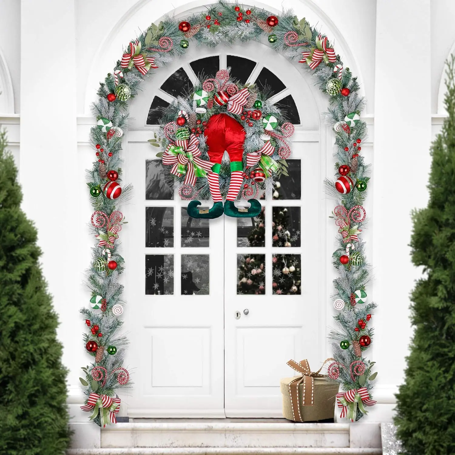 30 Inch Pre-Lit Christmas Wreath for Front Door with Lights, Lighted Large Elf with Red Green White Xmas Ball for Window