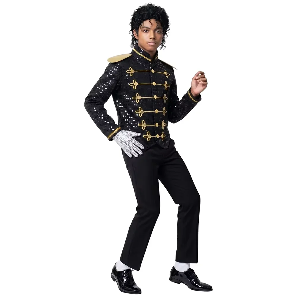 Ensemble veste et gants à paillettes noires pour enfants, costume de cosplay Michael Jackson pour garçons, tenue de spectacle de danse sur scène pour Halloween.
