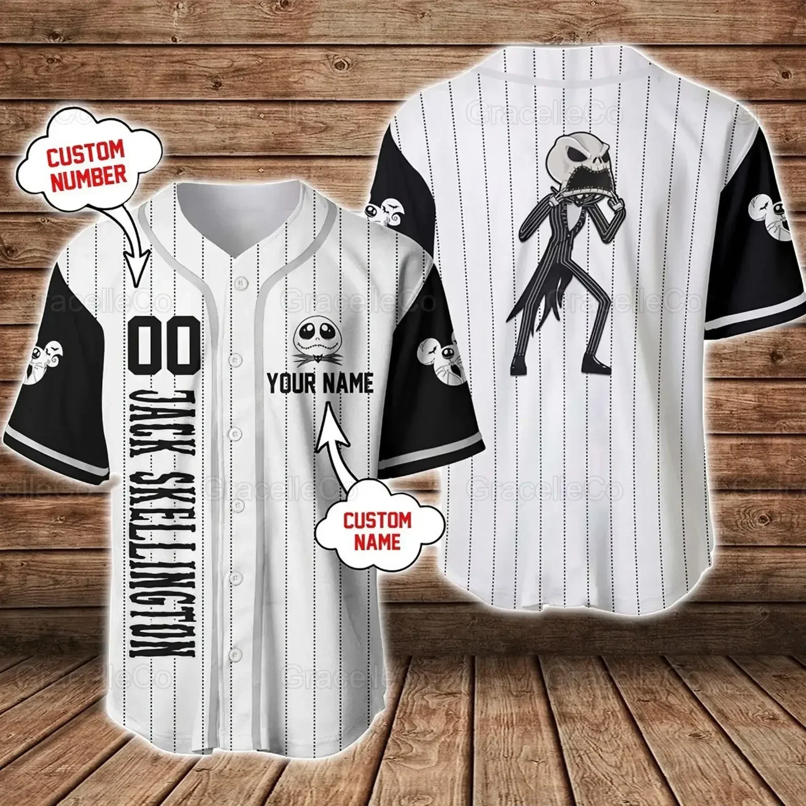 Disney Jack Skellington Baseball Jersey Custom Name Men\'s and Women\'s Baseball Jersey Fashionable Disney Short Sleeve Hawaiian