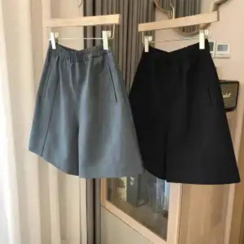 

Женские шорты-бермуды больших размеров с высокой талией, эластичным поясом, широкими штанинами, свободного кроя, повседневные, для офиса, черные