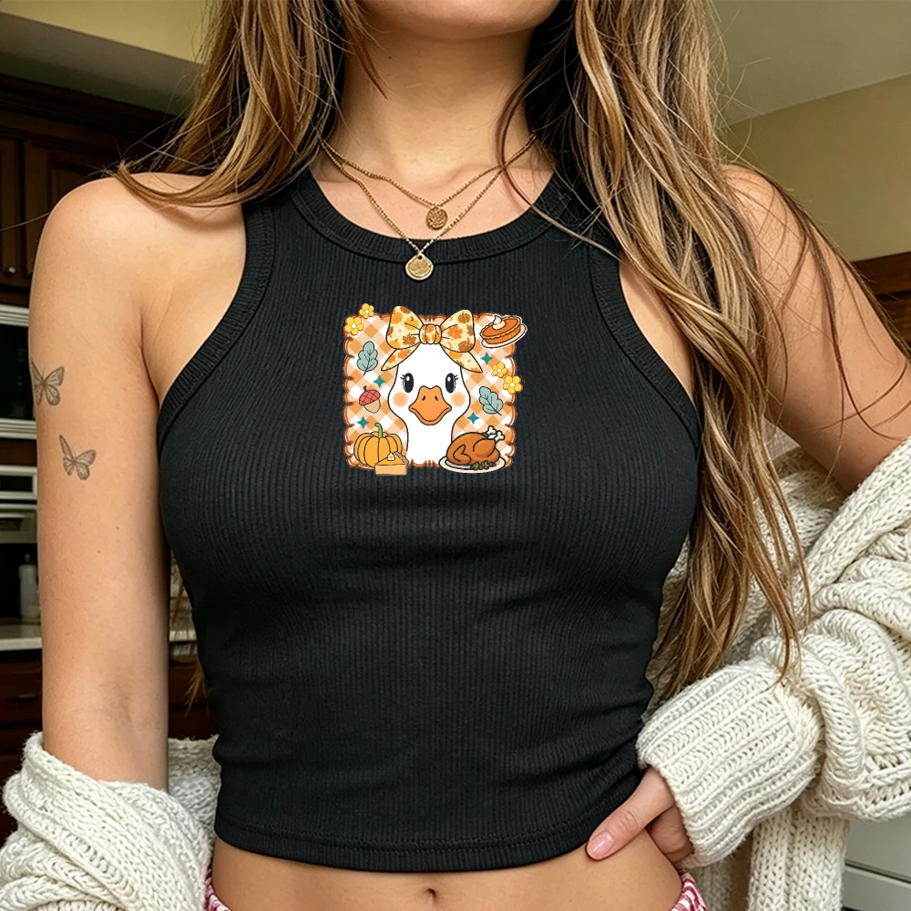 Kawaii Thanksgiving Goose with Bow and Pumpkin Dinner Plate Print Tank Women Top Fun Turkey Day Outfit Vest