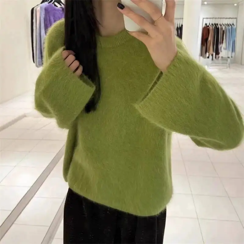 Morbido maglione pullover in velluto imitazione visone per donna Chic nuovo allentato O-collo lavorato a maglia Top autunno inverno abbigliamento