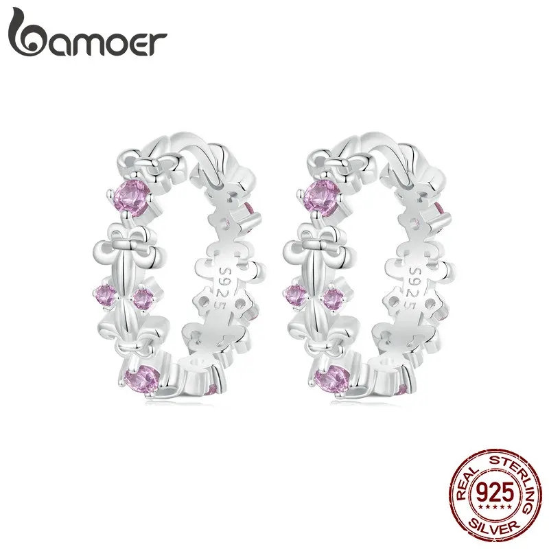 BAMOER 925 Sterling Silver Iris Flower Hoop Earrings for Women Girls, Gold plated Rose Red CZ Huggie Hoop Earrings BSE1046