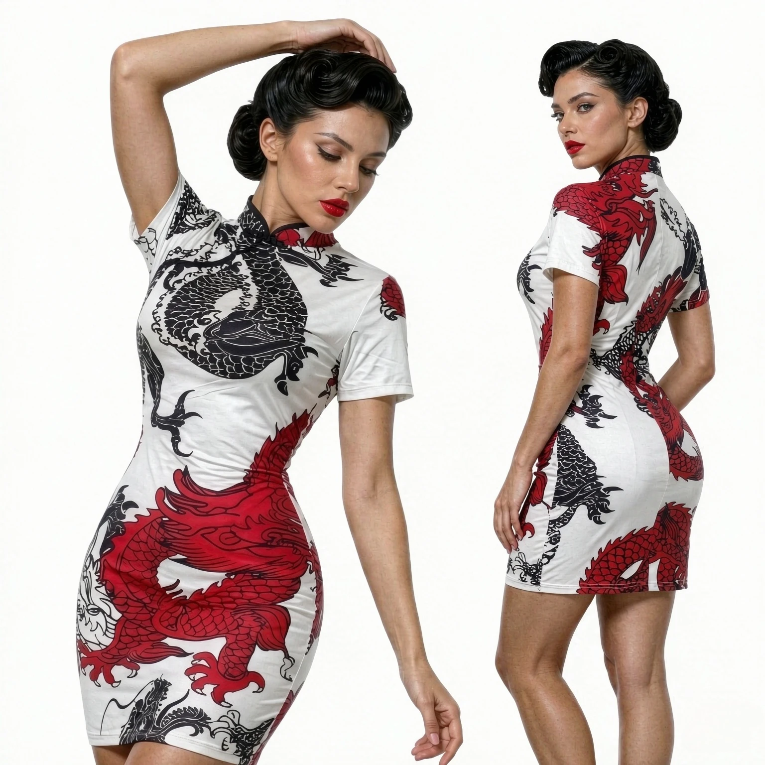 11Pc Bold Red‑Black Dragon Pattern Cheongsam Dress, Slim Short‑Sleeve Retro Frog Buttons, Glam Chinese Style For Banquet Party