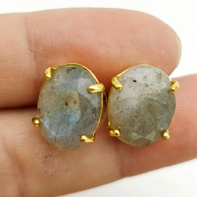 Ovale Ohrstecker in Goldfarbe mit Natursteinen, facettiertem rosa Quarz, Kristall-Achat, Lapislazuli, Heilschmuck für Damen – Detail 7