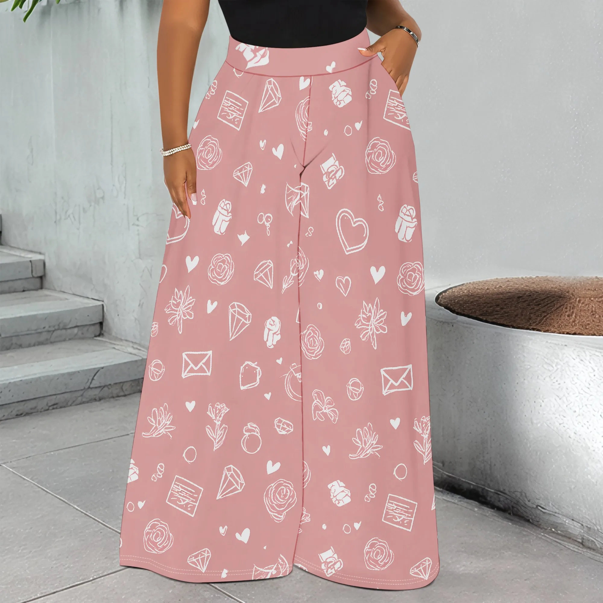 Printed Wide Leg Pants, Heart Print Trousers, Floral Pattern Palazzo, Rose Graphic Bottoms for Women, S-2XL