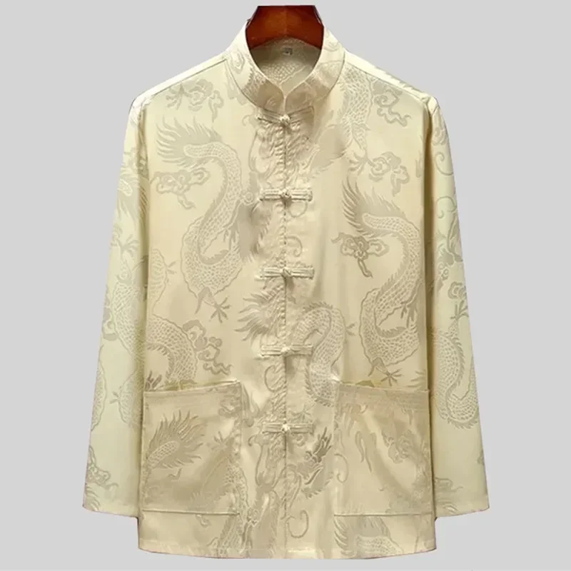 

2024 Summer Chinese Style Dragon Pattern Tang Suit KungFu Tai Chi Traditional Vintage Tops Shirt Clothes for Elderly Men