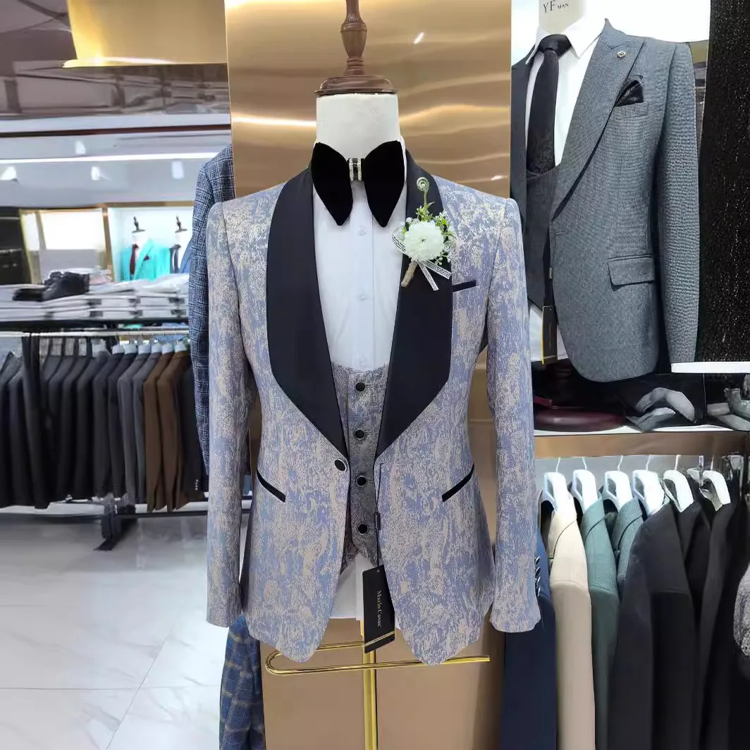 Wedding Dress 2024Slim Fit Luxury Suits for Men Jacquard Homme Costume High Quality Fashion Male Blazer Vest Pants  Men Suit Set