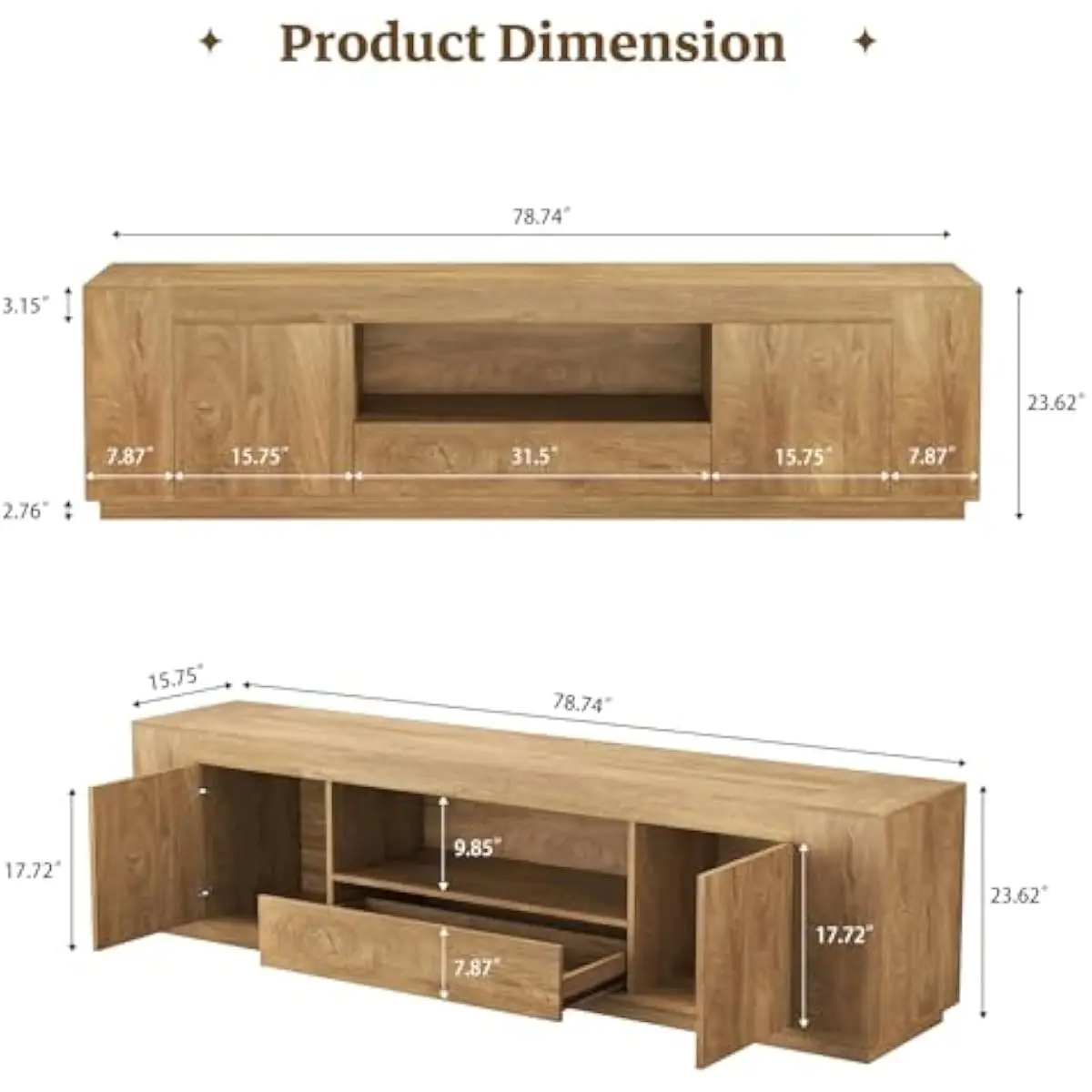 Rustic Oak Brown TV Console for Living Area • 78.7-Inch Wide Farmhouse-Style Media Unit • Engineered Wood Build • Open Shelf + C