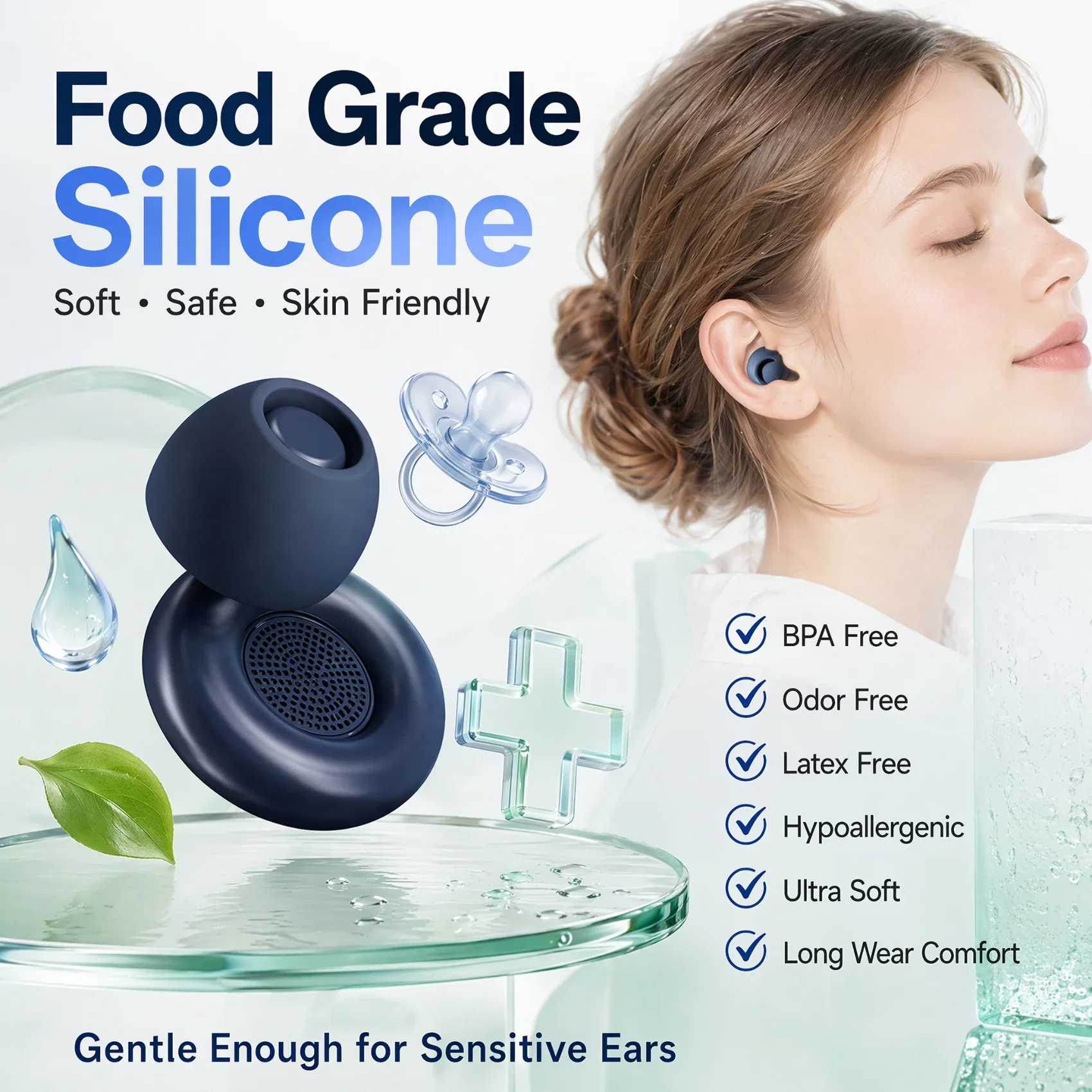 45dB Sleep Ear Plugs Noise Cancelling Soft Silicone Reusable Earplugs for Sleeping Snoring Side Sleeper Travel Study 3 Sizes