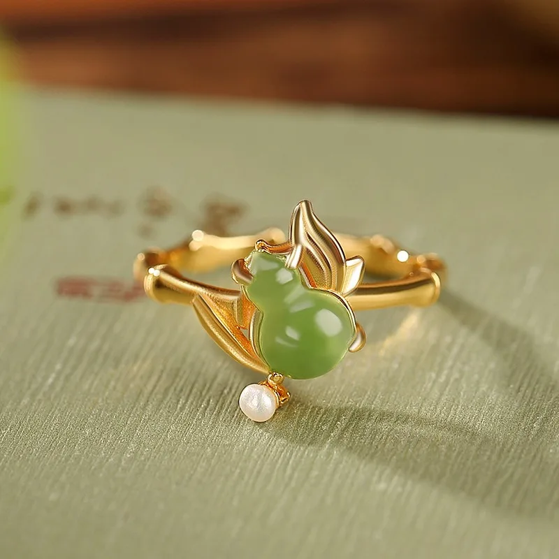 

TIMESWIND S925 Silver Hetian Jade Bamboo Joint Pearl Green Gourd Women Open Ring with Certificate