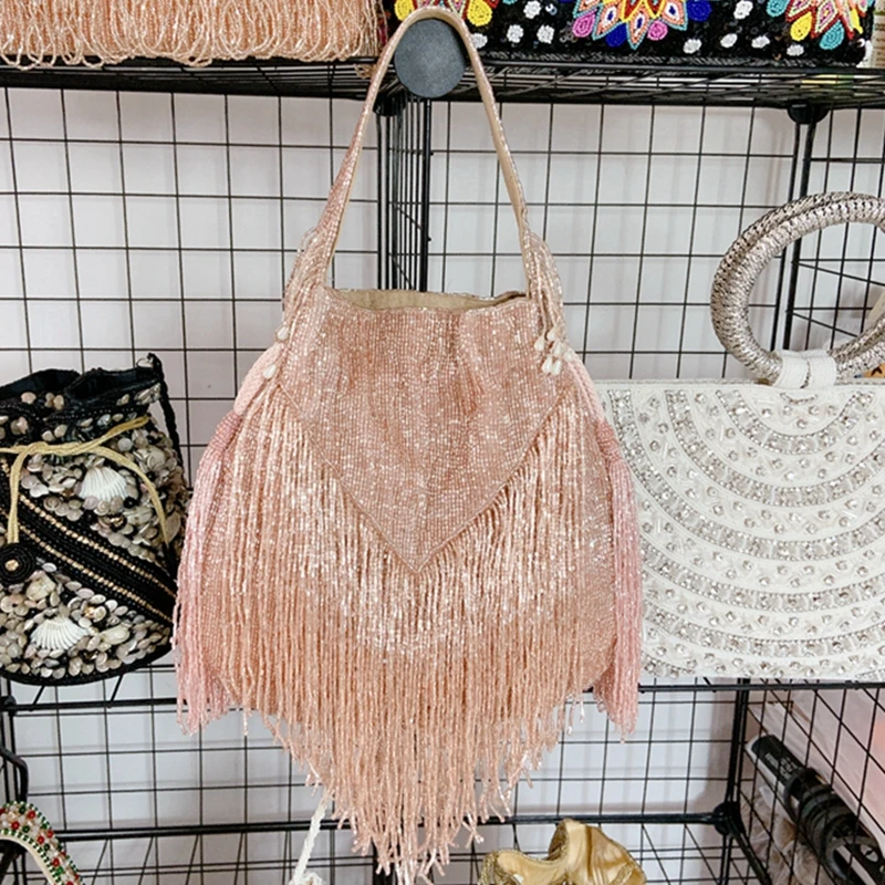 DOYUTIG Brand Women\'s Green Tassels Beaded Handbag Indian\'s Retro Handmade String Totes Lady Embroidery Bead Bag For Party N018